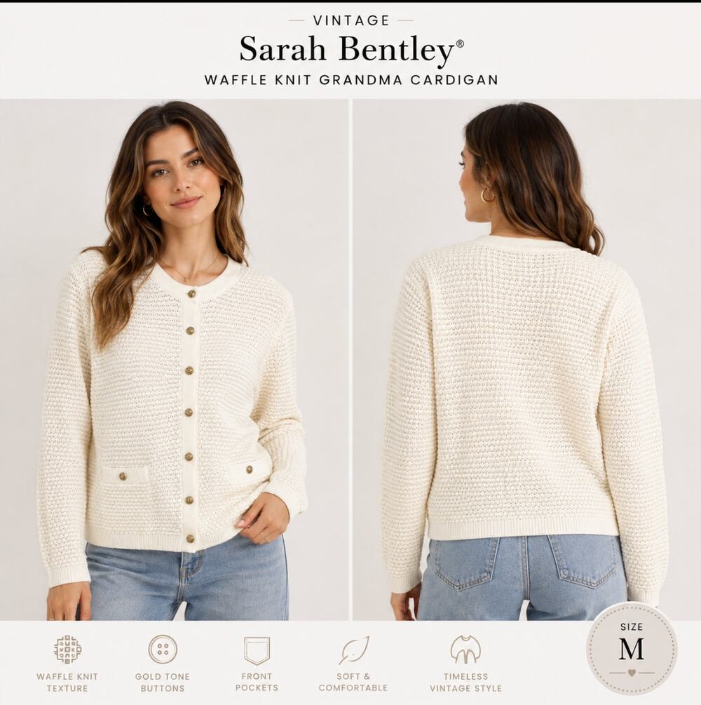 Vintage Sarah Bentley Waffle Knit Cardigan Off White Gold Buttons M